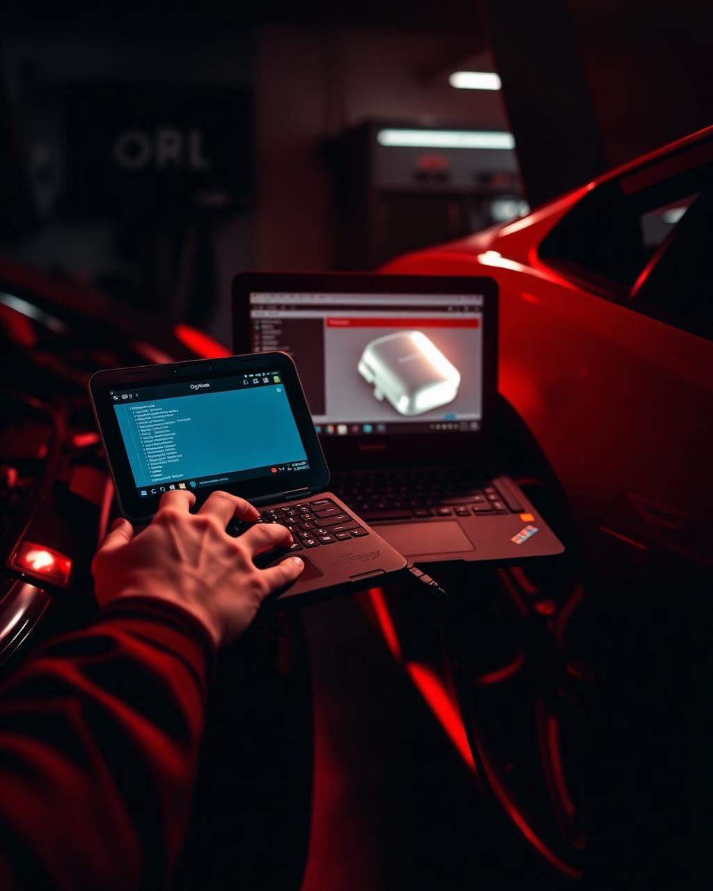 Diagnostics laptop on supercar
